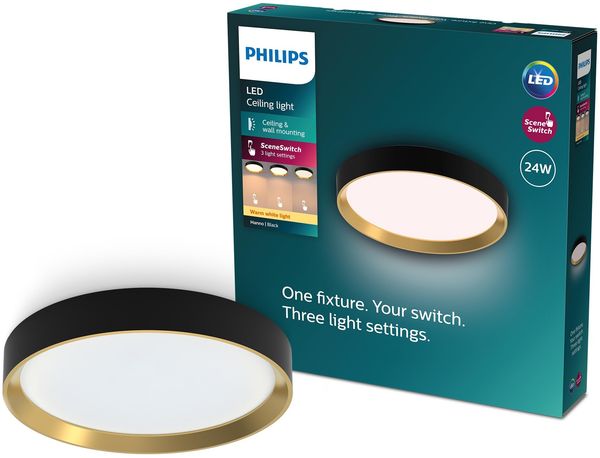 Philips Hanno SceneSwitch LED Deckenleuchte, rund, 24 W, 2700 Lumen, 2700 K, Schwarz, IP20, warmweißes Licht, 3 Lichteinstellungen