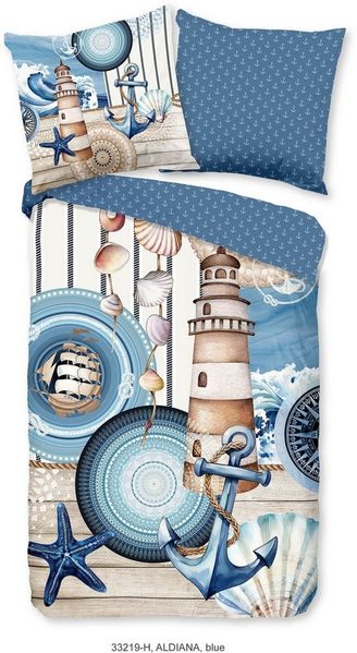 hip Satin Bettwäsche 135x200 Aldiana Maritim Anker Leuchtturm Muschel blau 33219