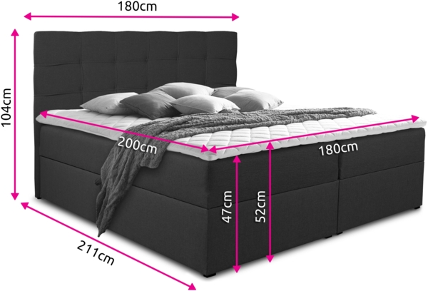 Boxspringbett Best mit 2 Bettkästen, Doppelbett mit Bonell-Matratze und Topper, Polsterbett, Bett (Schwarz (Inari 100), 180 x 200 cm) Bild 4