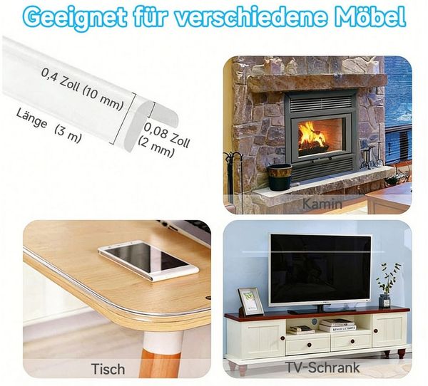 MOPUEA Kindersicherung 3 m Kantenschutz Transparenter Stoßfänger-Streifen für Möbelkante Ecke, Eckenschutz Transparent - Einfache Montage (10mm Breite)