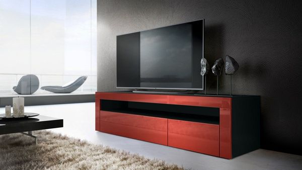 Vladon Lowboard Valencia, TV-Kommode mit 1 offenem Fach und 2 Klappen, Schwarz matt/Bordeaux Hochglanz/Bordeaux Hochglanz (155 x 46 x 40 cm)