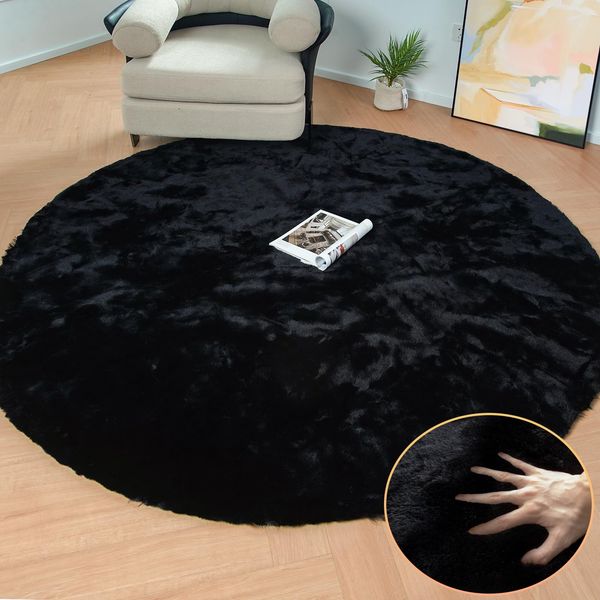 ORINOVA Runder Teppich Schlafzimmer 150 cm Schwarz Fellteppich Kunstfell Flauschiger Teppiche Weich Wohnzimmer Waschbar