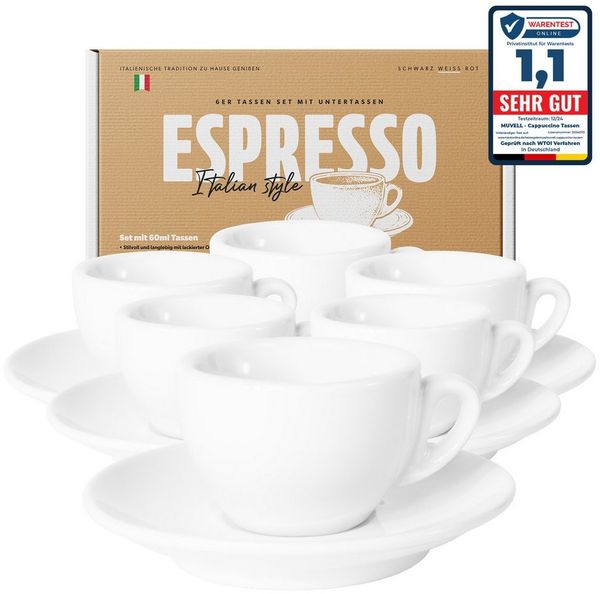 MUVELL Espressotasse 6x Espressotassen & Untertassen Set 0,8 cm dickwandig, weiß, 6-tlg, Keramik, 60 ml weiß