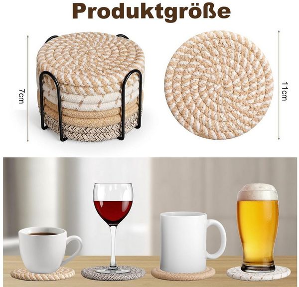 HEYHIPPO Becheruntersetzer Set geflochtene Baumwoll-Untersetzer mit Halter–rutschfest & saugfähig, Zubehör für Stellen Sie Getränke, Tassen und Gläser bereit, Set, Runde Glasuntersetzer 8er Set aus Baumwolle mit Halter –für Getränke
