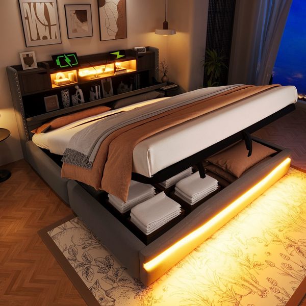 Polsterbett mit LED-Beleuchtung und Stauraum, 180x200 cm, USB/Type-C Anschlüsse, gepolsterter Kopfteil, Doppelbett, Stauraumbett, Leinen