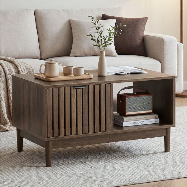 BBWL Couchtisch 80 cm mit Schublade offenen Regalen Massivholzbeine Stauraum modern, Mid Century Wohnzimmertisch