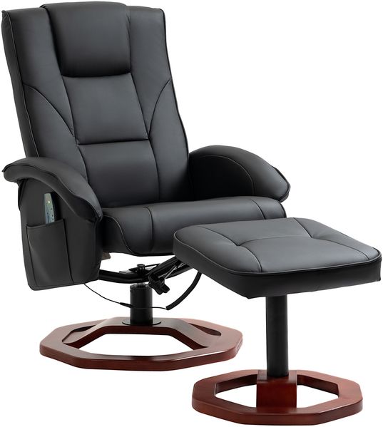 Flieks Relaxsessel mit Hocker, Massagesessel mit 10 Vibrationspunkte, 360° Drehung, Liegesessel mit Liegefunktion, Kunstleder, Schwarz