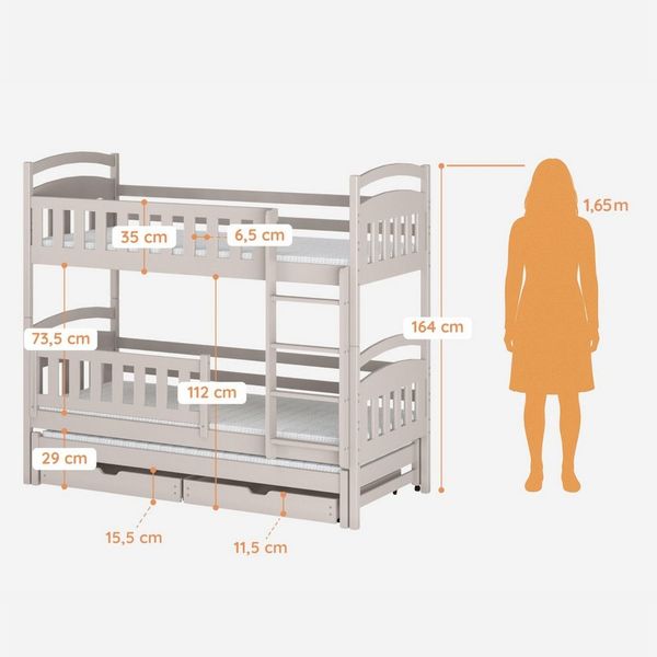 Kids Collective Etagenbett Hochbett Stockbett Kinderbett 90x200 cm mit Ausziehbett und Schubladen (mit drei Matratzen inklusive), Umbaubar zu 3 Einzelbetten mit Lattenrosten & Rausfallschutz, Kaschmir