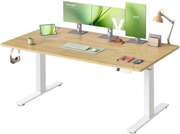 VASAGLE Höhenverstellbarer Schreibtisch, 160x80 cm, USB-C-Anschluss, Ablage für Steckdosenleiste, Stehtisch, Erinnerung bei langem Sitzen, 3 Speichertasten, für Büro, goldeichenfarben LSD146YA02