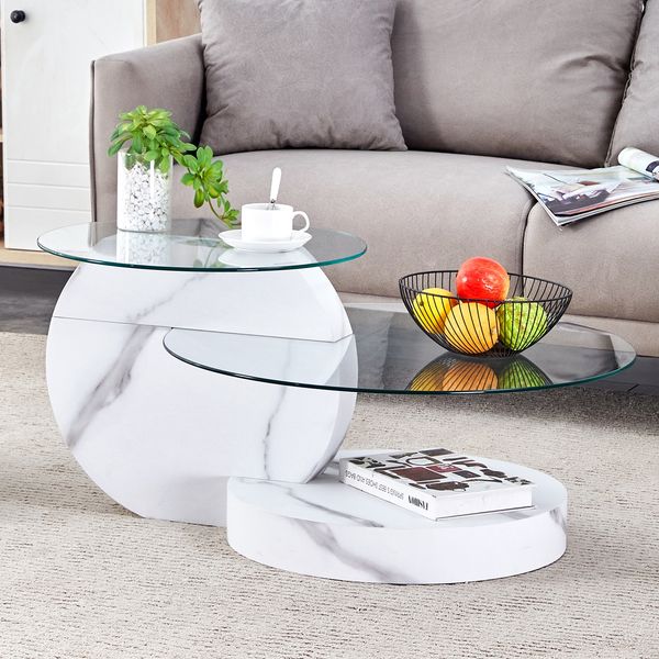 Couchtisch H 44 x T 90 x B 70 cm mit Sicherheitsglas, MDF in weißer Marmoroptik, 2 Ebenen