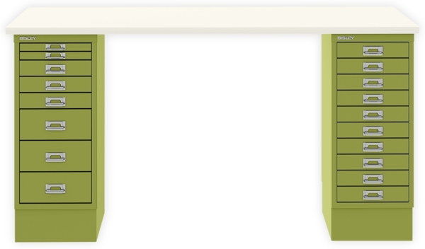 MultiDesk, 1 MultiDrawer mit 10 Schüben, 1 MultiDrawer mit 8 Schüben, Dekor Weiß, Farbe Grün, Maße: H 740 x B 1400 x T 600 mm