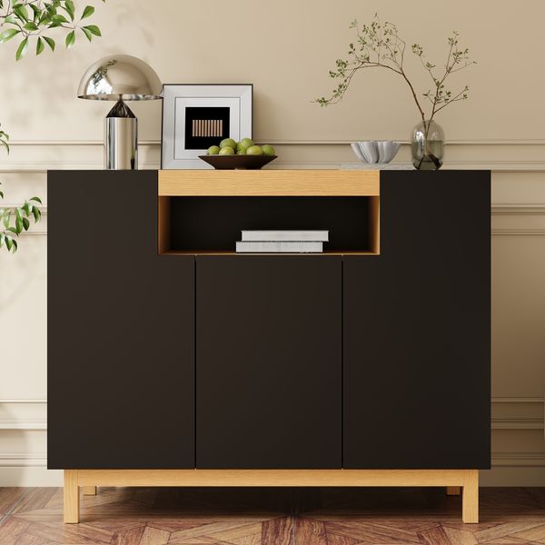 Sideboard Schwarz mit offenem Mittelregal 120,5×42×96 cm aus Spanplatte