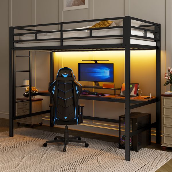 Hochbett 90x200 cm mit Tisch, Geländer, Leiter, 7-farbiger APP-Lichtleiste, Steckdose, USB & Typ-C, Kinderbett Lernbett