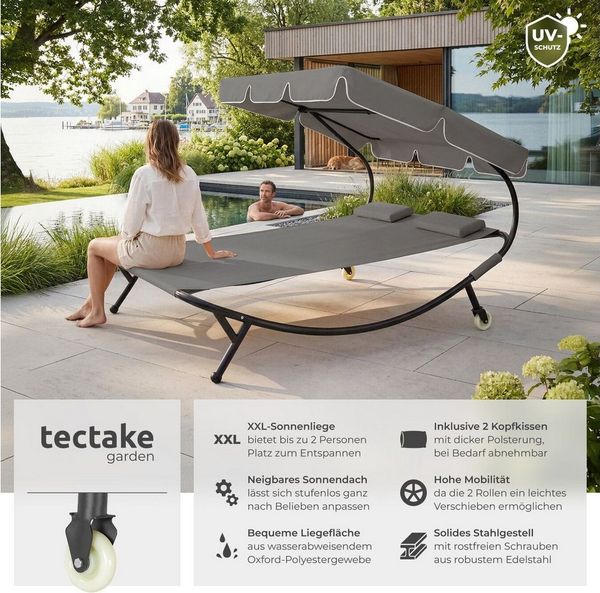 tectake Gartenliege Sonnenliege, widerstandsfähig und UV-beständig, 215 x 183 x 150 cm, Balkonliege Livorno für 2 Personen, 1 St, für Außen in Schwarz/Grau, stufenlos verstellbares Sonnendach, 2 Transportrollen, 2 Kopfpolster