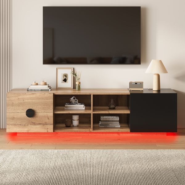 TV-Schrank 180x38,5x47 cm, Schwarz mit Holzoptik, LED, Schublade und Tür