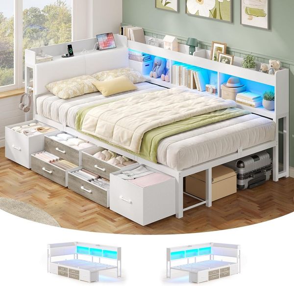MSMASK Daybett Tagesbett Schlafsofa mit LED-Beleuchtung & Ladestation, Jugendbett mit 6 Staufächern und 6 Schubladen – Liegefläche 90x200 cm