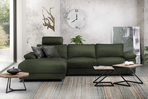 KAWOLA Sofa LOLA Ecksofa XL Leder moosgrün mit motorischer Relaxfunktion Recamiere links 84 x 178 x 304 cm