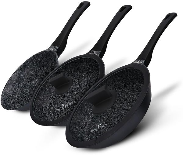 ZWIEGER Aluguss Pfannenset mit Deckel – 5-teiliges Pfannenset Induktion: Bratpfanne 28 cm und 24 cm mit Deckeln, kleine Pfanne 20 cm, für alle Herdarten geeignet – Antihaft, PFOA- & PFOS-frei