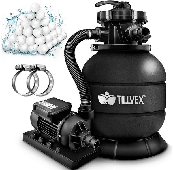 tillvex Sandfilteranlage Sandfilteranlage 7.900L/h + 400g Filterbällen (Set, + Pumpe Filteranlage 7-Wege Ventil & 2in1 Adapter Ø32mm - 38mm), Poolfilter mit Druckanzeige Sandfilter Schwimmbecken