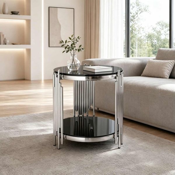 ANYSUN Couchtisch Glas-Endtisch rund, 2 Ebenen mit Glasplatte und Edelstahlrahmen (Einzelmöbelstück), modern und stabil 45 cm,für Wohnzimmer und Sofa