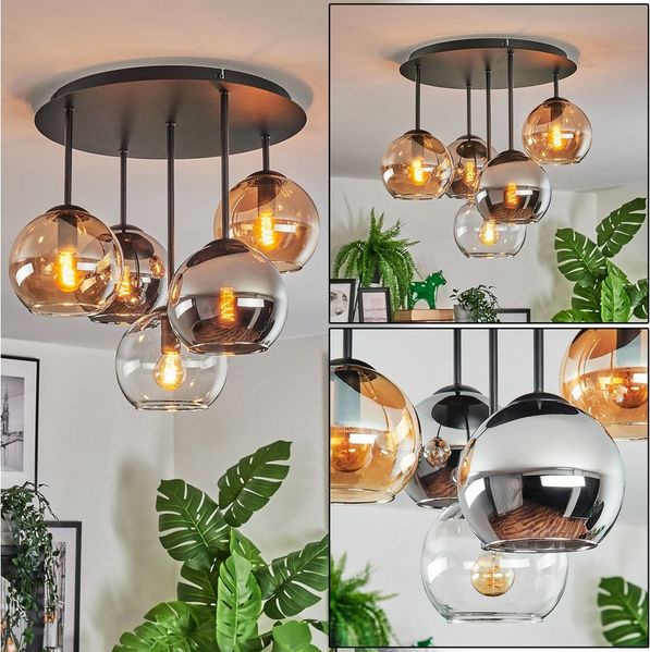 hofstein Deckenleuchte Deckenlampe aus Metall/Glas in Schwarz/Chrom/Rauch/Bernstein/Klar, Deckenleuchte im Retro/Vintage-Design (Schirme Ø 15 cm), 5 x E14