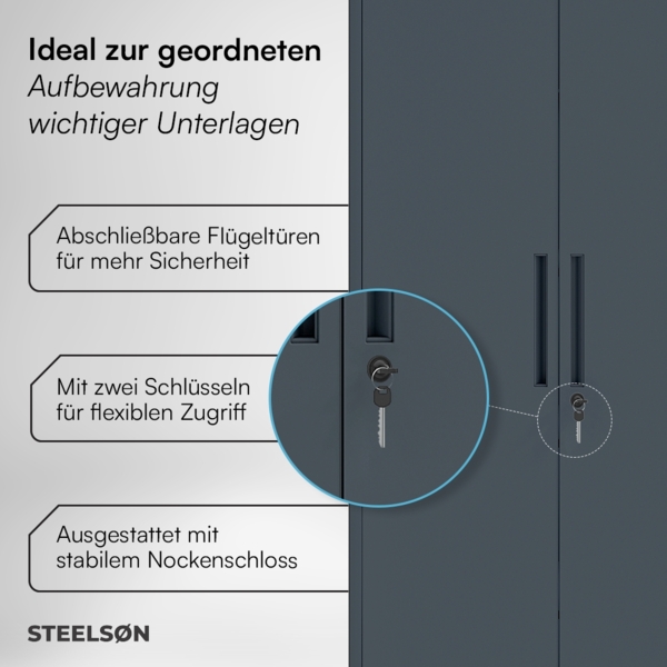 STEELSØN 'Regulus' Aktenschrank, Metall, anthrazit, 165x40x80 cm, abschließbar, Metallschrank mit 5 Fächern, geeignet als Werkzeugschrank Bild 4