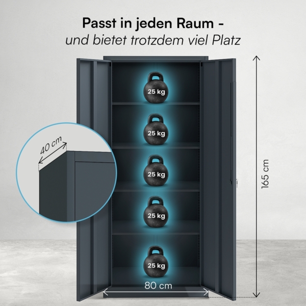 STEELSØN 'Regulus' Aktenschrank, Metall, anthrazit, 165x40x80 cm, abschließbar, Metallschrank mit 5 Fächern, geeignet als Werkzeugschrank Bild 9