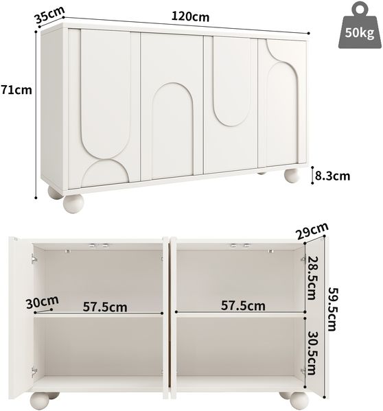 Sideboard mit MDF-Korpus, verstellbarem Einlegeboden & Kippschutz, 120x35x71 cm, Weiß/Creme Bild 10