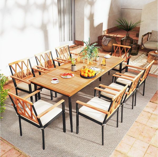 COSTWAY Gartentisch, mit Schirmloch, Akazienholz, 200x90cm Terrassentisch rechteckig