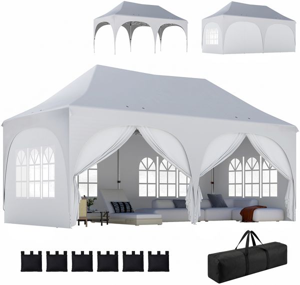 Faltbarer Gartenpavillon 3 x 6 m mit abnehmbaren Seitenwänden und Tragetasche, weiß