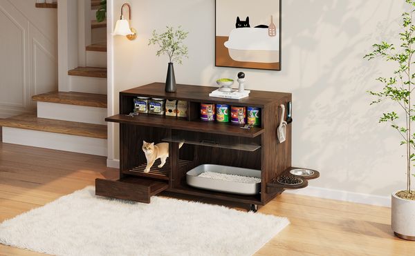 Tisch 100x45,5x67 cm in Walnussoptik mit verstecktem Fach, Schubladen und Rollen