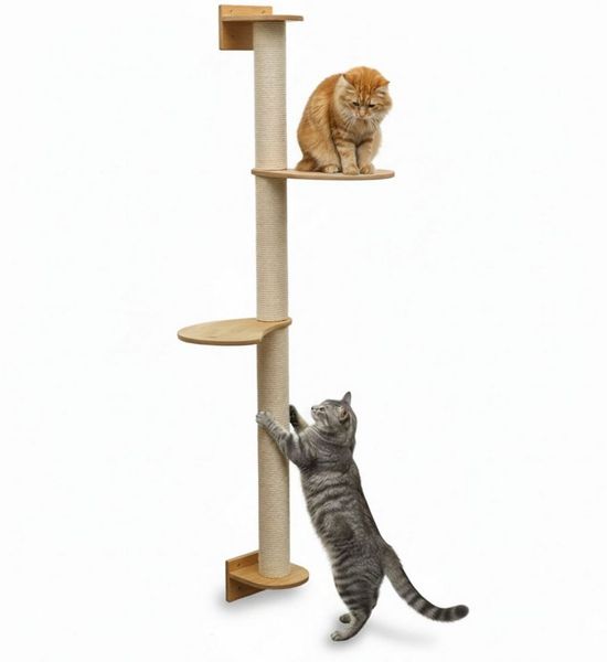 eyepower Kratzbaum zur Wandmontage-130 cm Wandkratzbaum für Katzen mit 2 Bambus Plateaus, Sistammstamm Wand - Katzenkratzbaum platzsparend - Kletterwand Katze