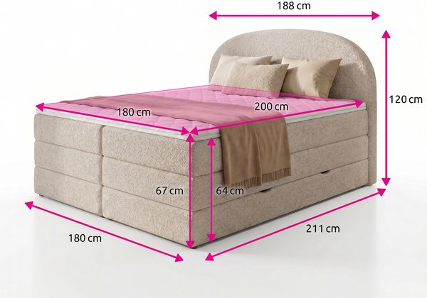 Boxspringbett Cloud XL mit 2 Bettkästen und Topper, mit Taschenfederkern- und Bonellfederkernmatratze, Doppelbett, Polsterbett aus Bouclé-Stoff mit Stauraum (Grau (Coral 75), 180 x 200 cm) Bild 4