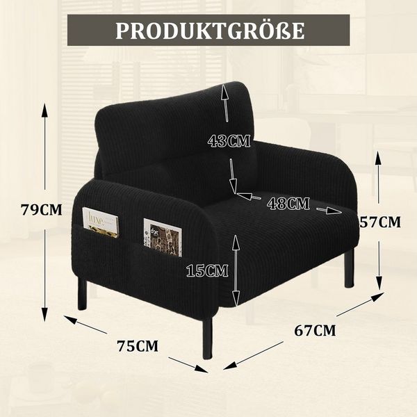 BlingBin Sessel Relaxsessel Polsterstuhl Loungesessel (1-St, Cordstoff, Armlehnen mit Seitentaschen auf beiden Seiten), für Wohnzimmer, Schlafzimmer, Arbeitszimmer, 67x75x79 cm