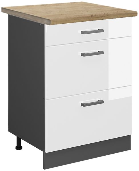 Küchenunterschrank R-Line Weiß Hochglanz 60 cm mit Schubladen, AP Eiche Vicco