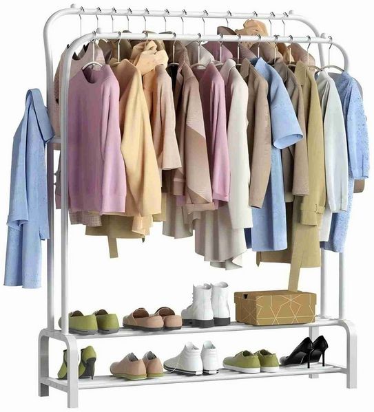 ToteBox Garderobenständer 3-in-1-Kleiderständer: Doppelstangen, 8 Haken & Schuhablage – Stabil