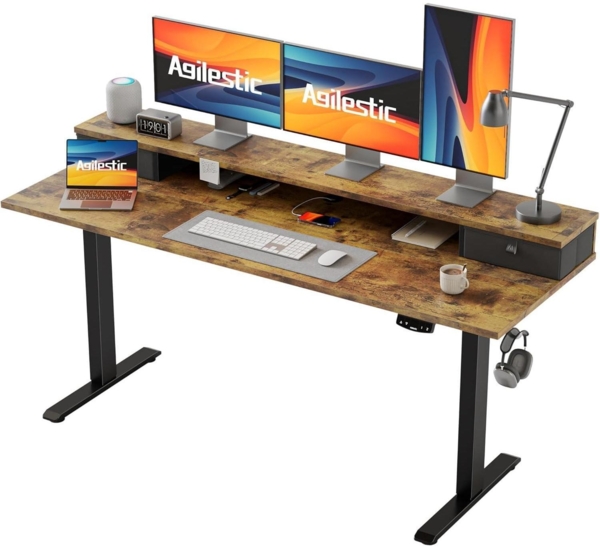 Höhenverstellbarer Schreibtisch 160 x 60 cm 2 Schubladen Braun Elektrisch