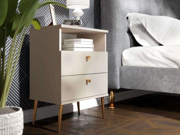 INOSIGN Nachtkommode Elyria Nachttisch Nachtschrank Bestseller - ideal für Boxspringbett, mit goldfarbenen Griffen und Füßen,50cm breit,69cm hoch,2 Schubladen