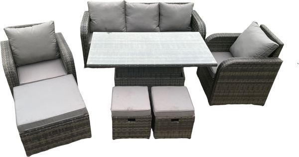 Fimous Rattan-Möbel-Garten-Dining-Sets Höhenverstellbarer steigender Hubtisch und Stuhl-Satz mit Lounge-Sofa-3-Hockern