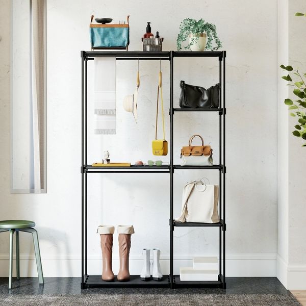 Stoffschrank 111x43x185 cm mit Kleiderstange und Regalen – schwarzer Schrank für Schlafzimmer und Ankleidezimmer