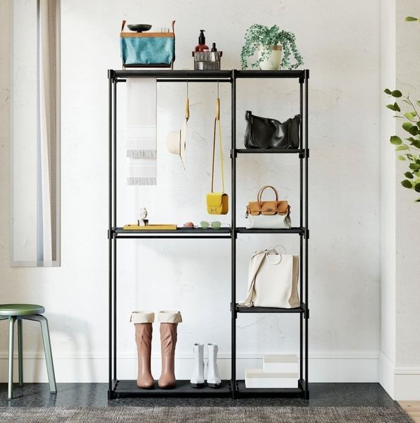 Stoffschrank 111x43x185 cm mit Kleiderstange und Regalen – schwarzer Schrank für Schlafzimmer und Ankleidezimmer