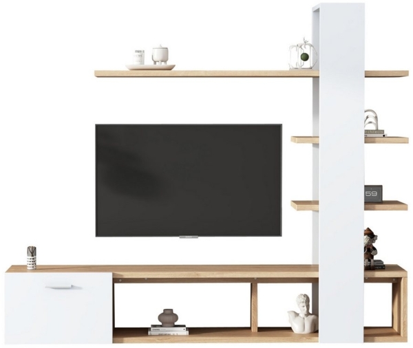 MODFU Wohnzimmer-Set Wohnzimmer-Wandschrank, (Eichenweiß TV-Schrank,Lowboard,TV Wohnwand Set,Wohnzimmer Möbel Set, 1-St, 180* 33,5*151,5 cm), geeignet für Fernseher unter 60 Zoll