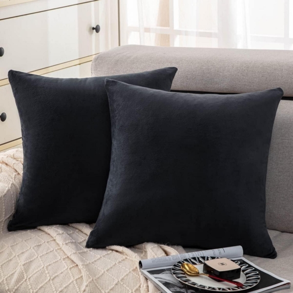 Samt Kissenbezüge 60x60 Schwarz Anthrazit Set 2 weiche Flauschige