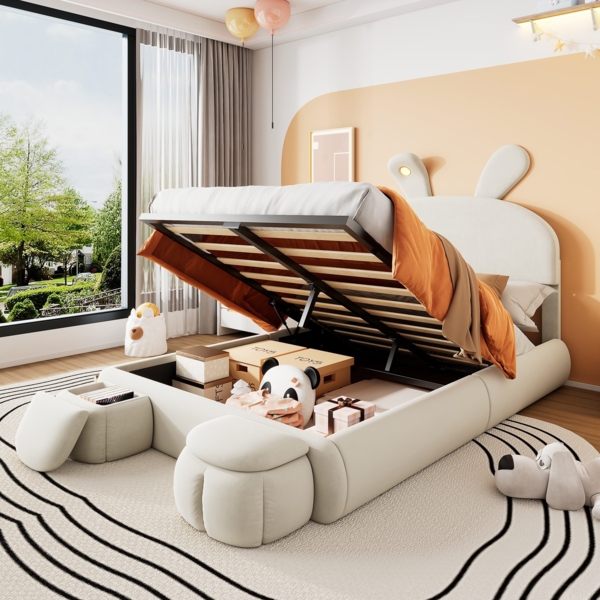 Polsterbett mit LED-Beleuchtung und Sitzhocker (140x200 cm), Doppelbett mit Stauraum, Samt