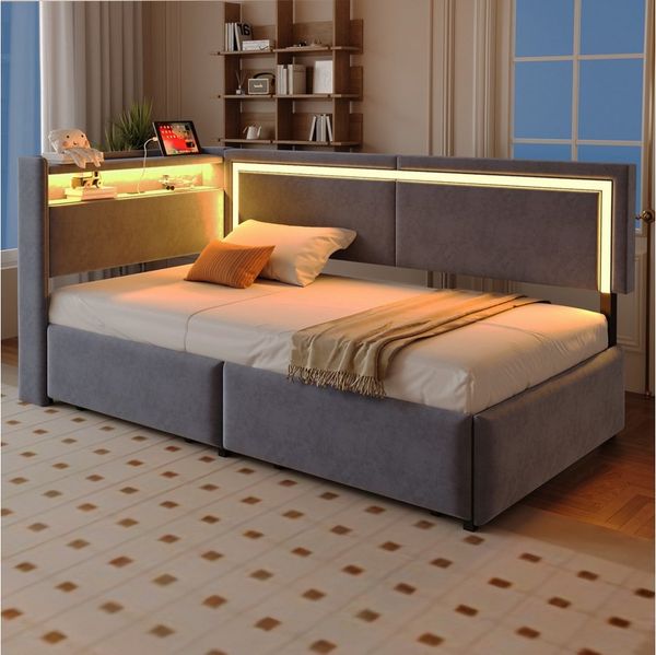 Merax Daybett 90x200cm mit LED-Beleuchtung und USB-Ladeanschluss (Tagesbett Jugendbett Einzelbett Sofabett aus Samtstoff, 1 tlg), Polsterbett Schlafsofa mit 2 Schubladen, Kopfteil mit Ablage