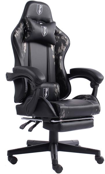 Gaming Chair im Racing-Design mit flexiblen gepolsterten Armlehnen - ergonomischer PC Gaming Stuhl in Lederoptik - Gaming Schreibtischstuhl mit ausziehbarer Fußstütze und extra Stützkissen Schwarz/Military -Grau