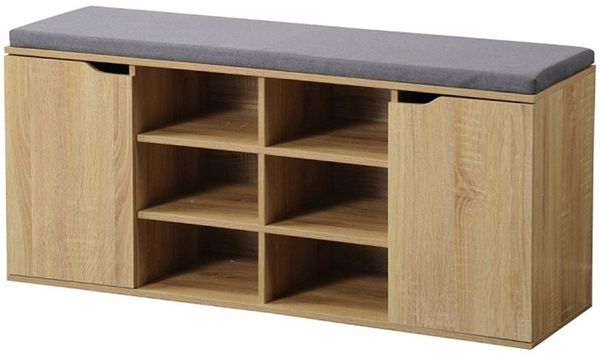 Schuhschrank, 2 Türen, mit Sitzkissen - Eiche / Grau