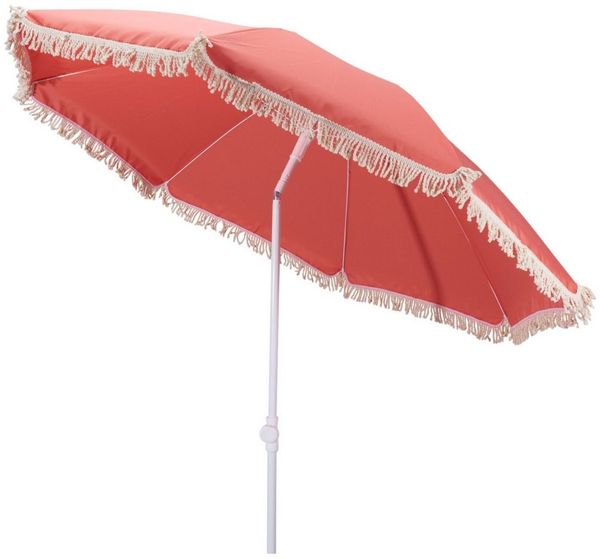 Meinposten Sonnenschirm Fransen 155 cm Mediterran Koralle neigbar UV Schutz 30+ Tragetasche, LxB: 190x155 cm, abknickbar