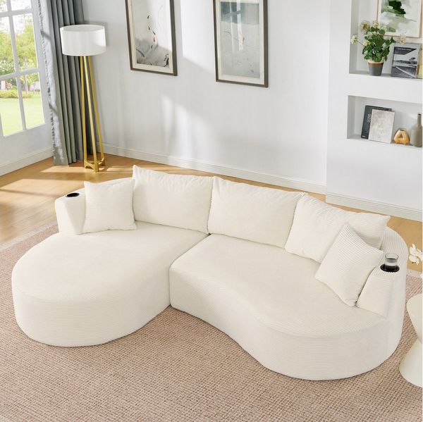 STILVORA Loungesofa mit Getränkehalter 3-Sitzer Kompressionssofa mit Kissen Cord Beige, Relaxsofa mit Bogenförmiges Design, für Wohnzimmer, Hotels, Apartments und Büros