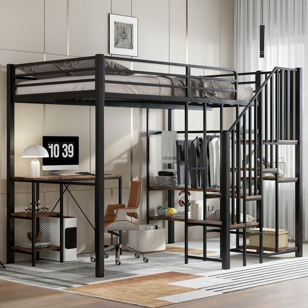 Hochbett 120×200 cm mit Rausfallschutz, Schreibtisch und Kleiderschrank, Schwarz, ohne Matratze
